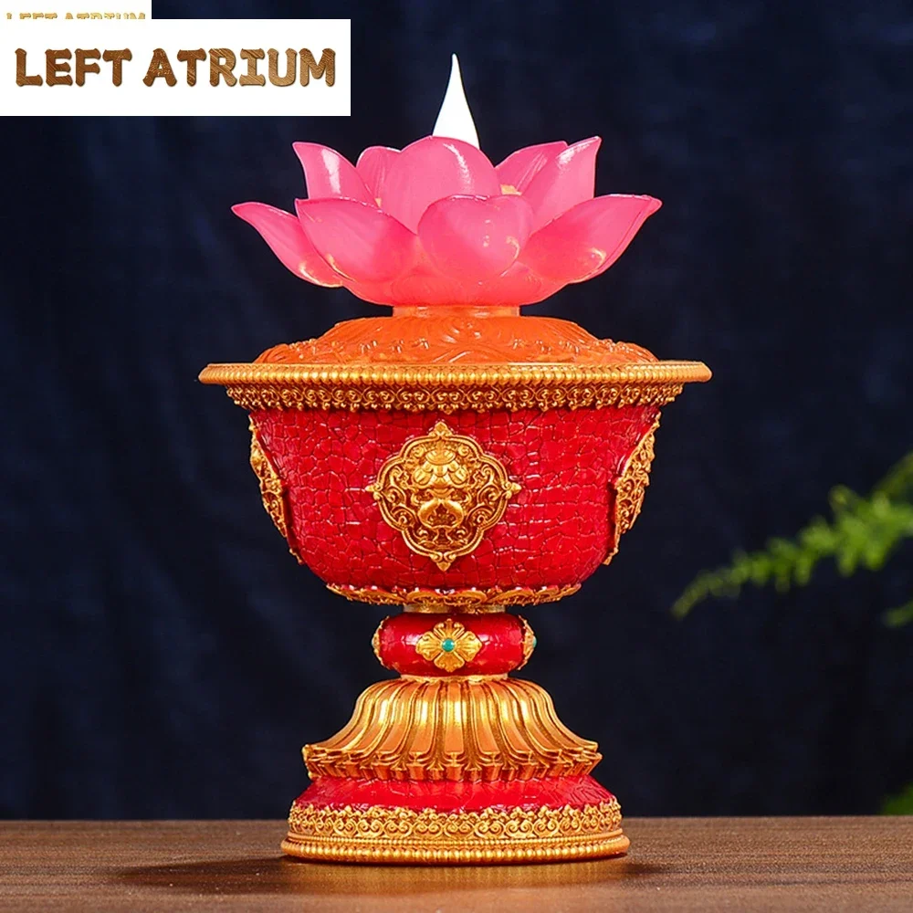 Tibetan electronic lotus lamp ornament, Plug in style butter lamp, LED Eight Auspicious eternal lamp, Offering Buddha lanterns