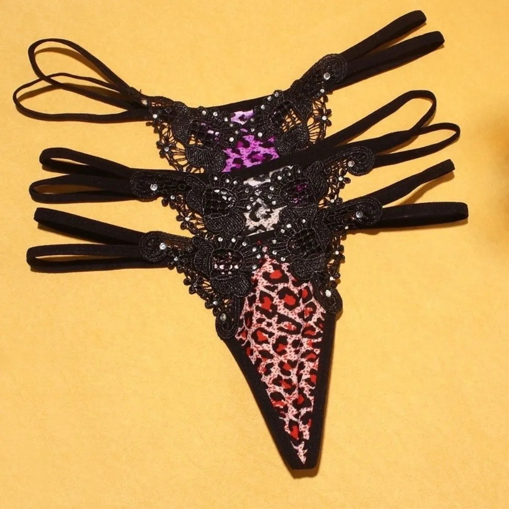 Patchwork Low Waist Leopard-print Underwear Ice Silk Lingerie Lace Triangle Panties Hollowed-out Thin Strap T-back Briefs Female