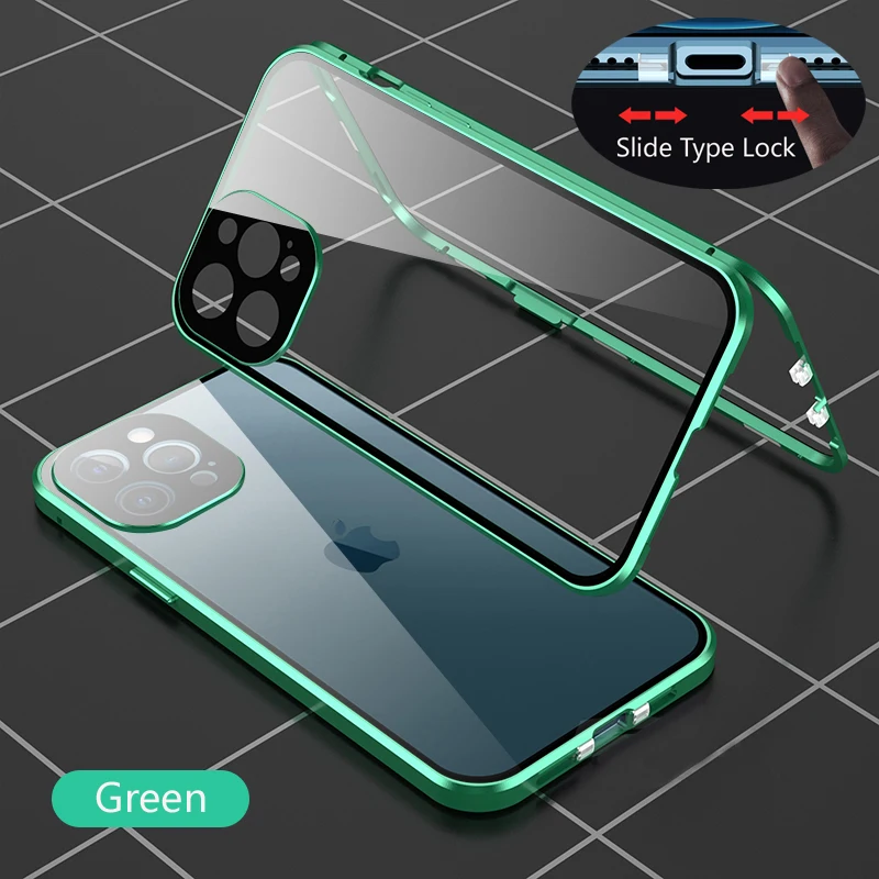 حافظة هاتف معدنية مزدوجة الجوانب من الزجاج بقفل خاطف حماية كاملة لهاتف آيفون 16 15 Plus 14 Pro Max غطاء حماية للعدسات حافظات هاتف