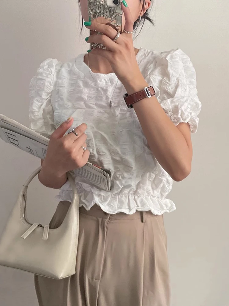 

Chic Summer ort Bubble Sve irt round Ne Texture Fold Women's Top Faionable Korean Sle Slim Fit Lace Snowflake De...