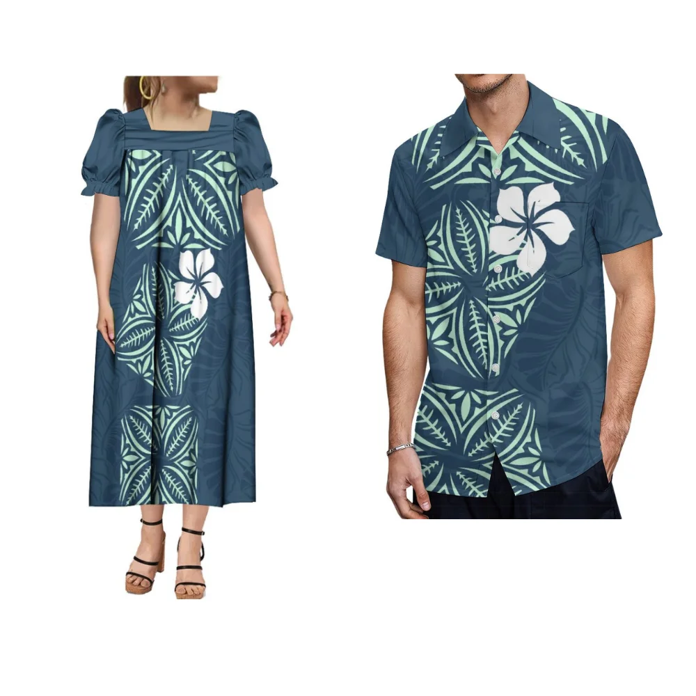 Conjuntos de pareja polinesiana para mujer, vestido Mumu personalizado, camisa de manga corta, ropa de verano, Microsia