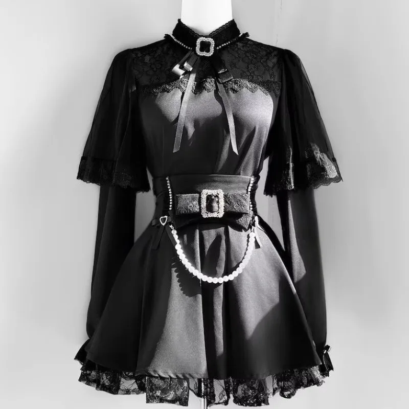 Darkly Series Lace Gothic Bow Shirt+Skirt Sets Spicy Girl Lolita Autumn New Japanese High Waist Skirt 2 Piece Set Women Colthes
