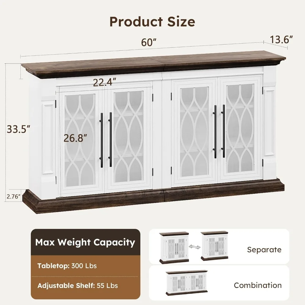 Aparador Buffet de granja con 4 puertas de vidrio, gabinete de almacenamiento para cafetería, vino, mesa de Buffet con estantes ajustables