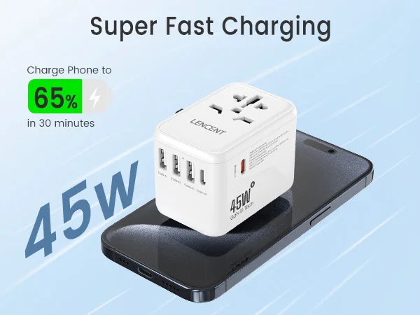 LENCENT 65W/45W/30W GaN Universal Travel Adapter with USB-A and Type C Fast Charging Power Adapter EU/UK/USA/AUS Plug for Travel