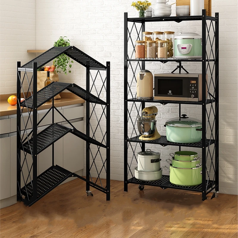 Installation-free Folding Kitchen Racks Floor-standing Multi-layer Carts for Pots and Microwave Ovens Storage Racks for House