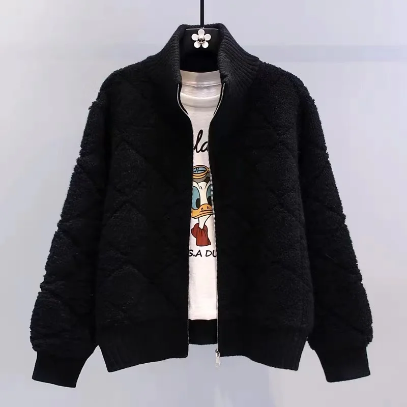 Women Clothing Zipper Fashion Jackets Autumn Winter Casual Lazy Style Sweet Knitted Cardigan Warm Fleece Coats Tops