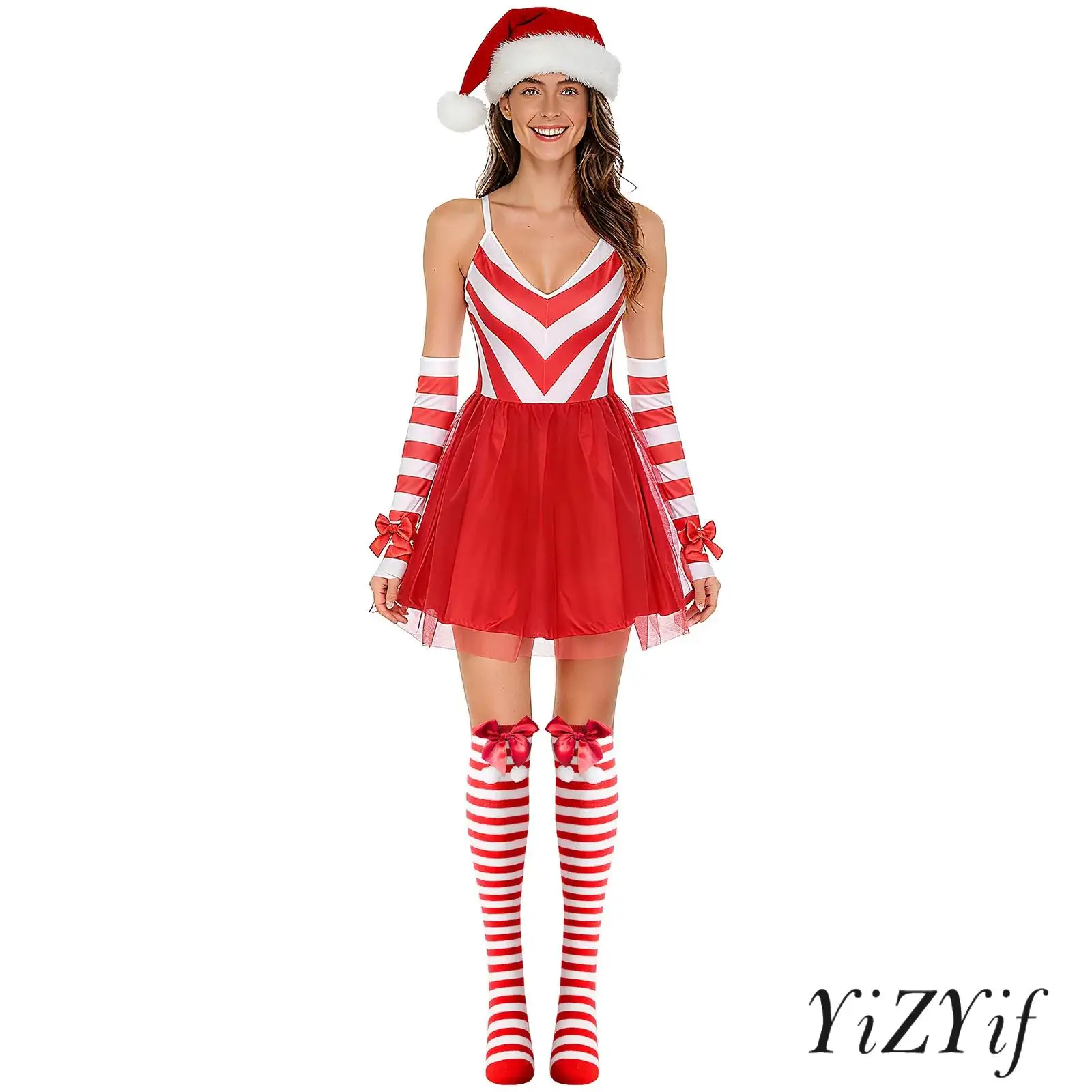 

Women Christmas Candy Cane Outfit V-neck Adjustable Shoulder Straps Striped Bodice Tulle Dress with Bow Gloves Hat And Socks