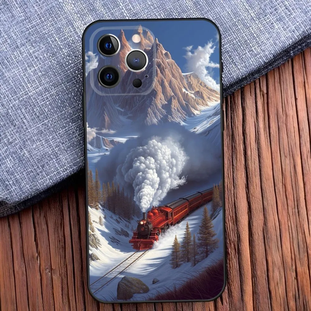Classic Steam Train Railway Phone Case For iPhone 16,15,14,13,12,11,Pro,X,XS,Max,XR,Plus,Mini Black Soft Silicone Case image 3