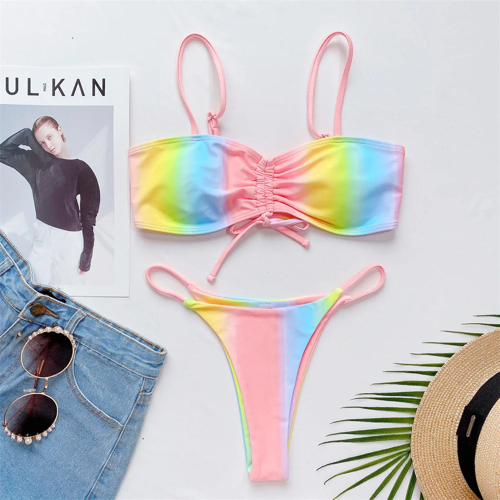 

Kawaii Rainbow Bikini Gradient Tie Dye Y2K Swimsuit Push Up Sling Vacation Swimwear Women Micro String Beach Outfit Bathing Suit