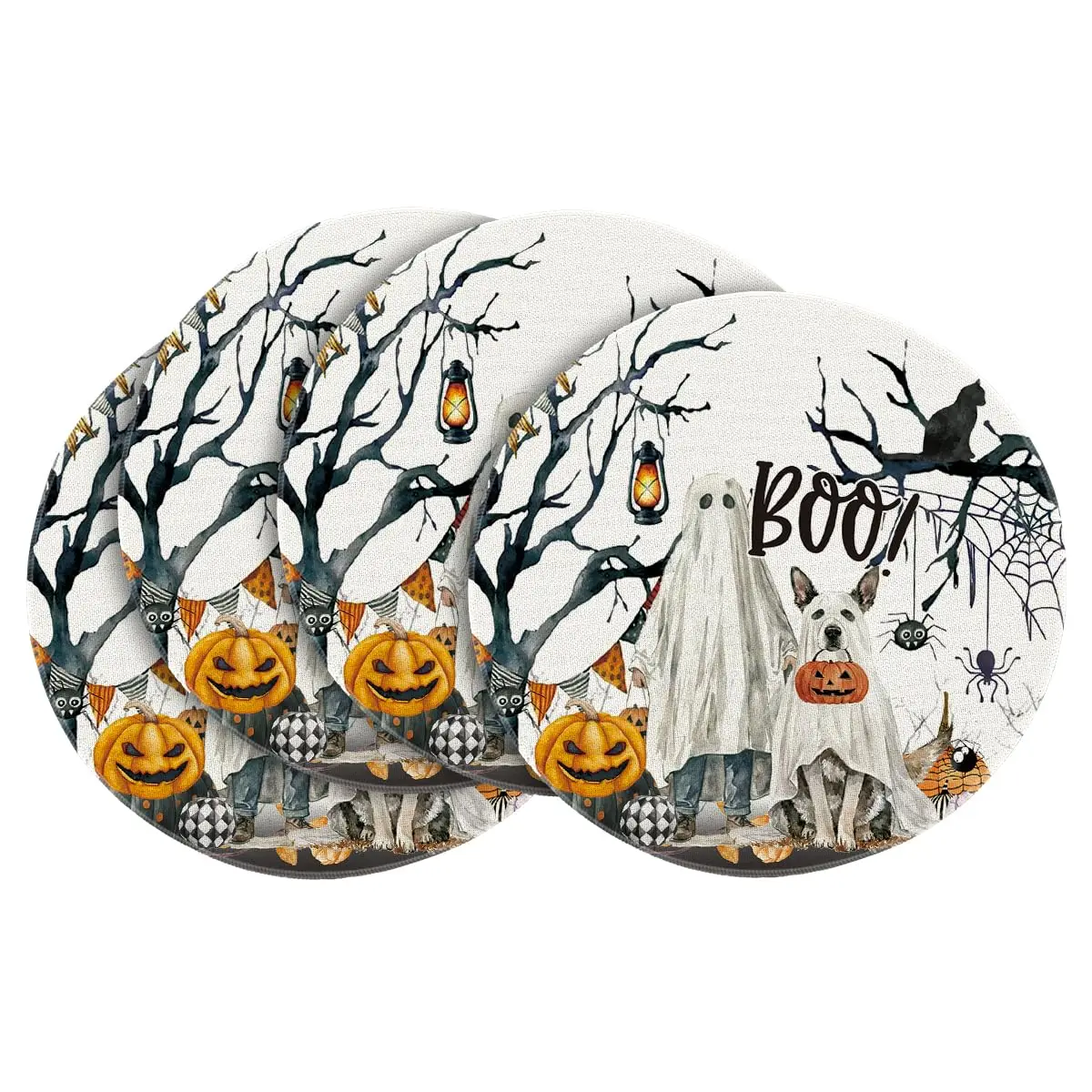 

14 Inch Spider Dog Round Placemats , Ghost Pumpkins Halloween Table Mats for Party Kitchen Dining