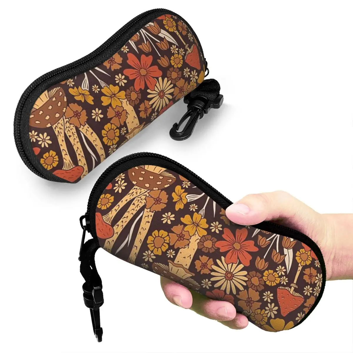 

Retro 1970s Brown And Orange Mushrooms And Flowers Shell Glasses Case Protective Sunglasses Box Women Men Soft Eyeglass Bag