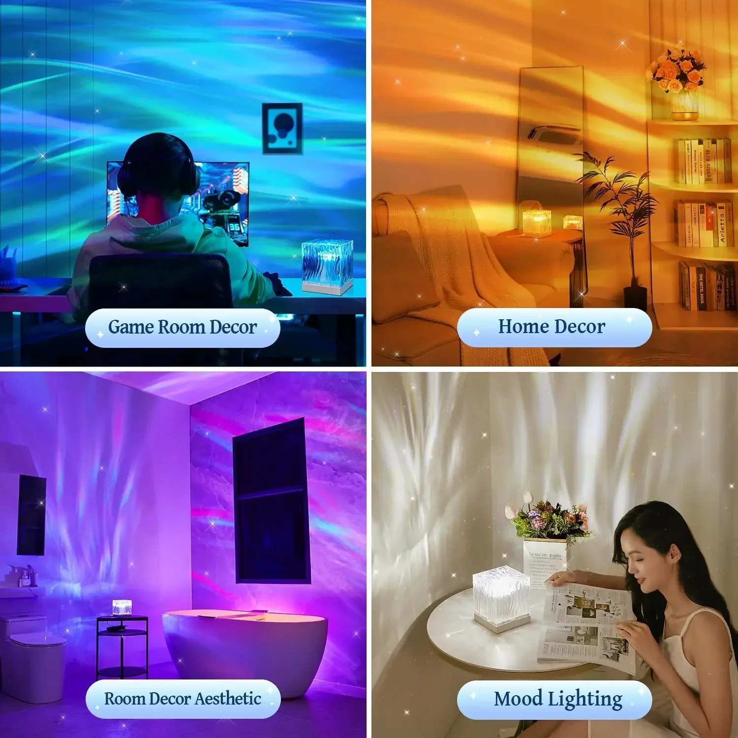 Dynamic Aurora Northern Lights Water Ripple Projector Night Light 17 Colors Flame Crystal Lamp for Living Room Study Bedroom