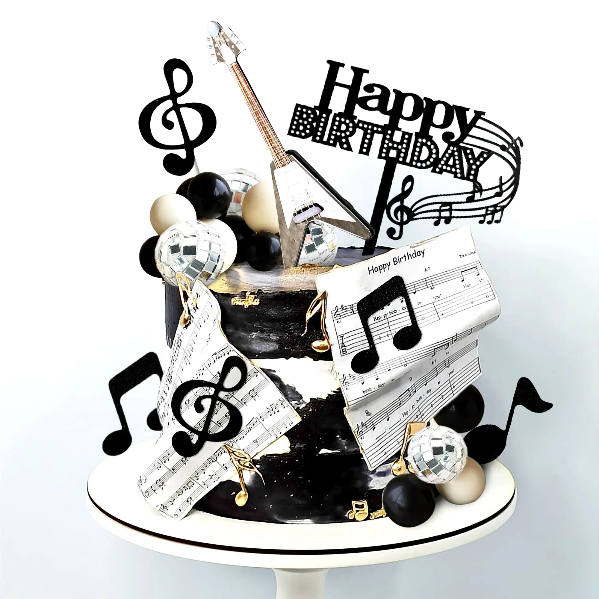 LaVenty Disco Ball Musik Kuchen Topper Gitarre Kuchen Topper Musik Notizen Bälle Kuchen Dekorationen für Musiker Geburtstag Party – Detail 4