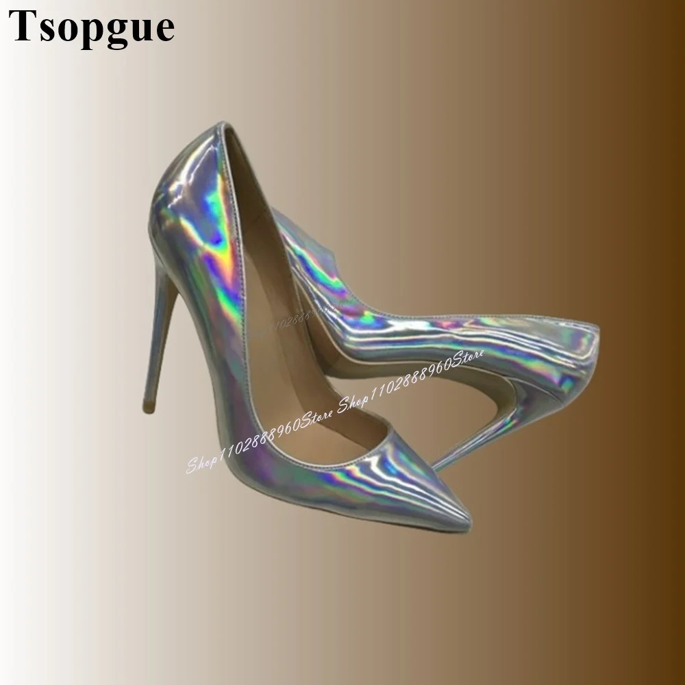 Silver Metallic Leather Simple Style Shallow Pumps Stilettos High Heel Women Shoes Slip-On Pointed Toe 2024 Zapatos Para Mujere