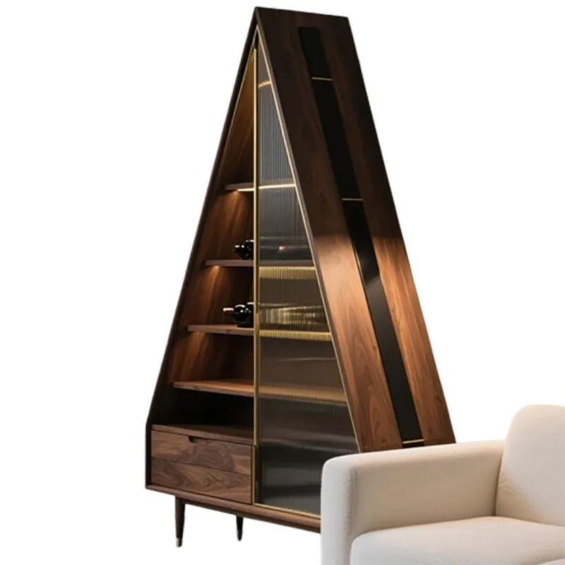 

Special-shaped triangular black walnut wine cabinet, high-end minimalist light luxury Italian furniture display cabinet