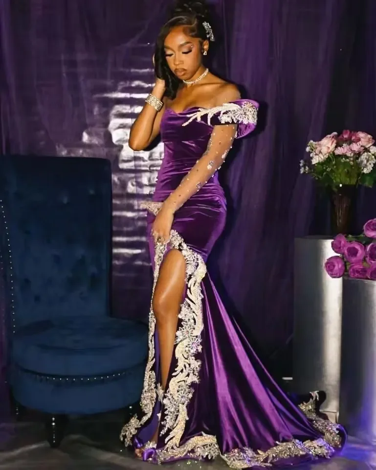 Abito da ballo con decalcomania viola a sirena elegante personalizzato Abito da spettacolo di bellezza per feste con spacco monospalla da donna