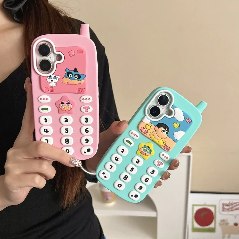 

Cute creative Retro Mobile phone cartoon Crayon Shin-chan snot Boochan silicone Phone Case For iPhone 13 14 15 16 Pro Max Cover