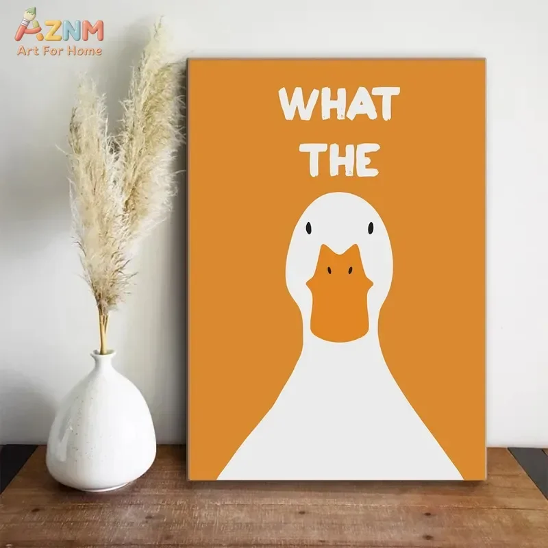 AZNM Funny White Duck Canvas Wall Art, Frameless Canvas Print Colorful Background What The Text Minimalist Cartoon Art for Bedro