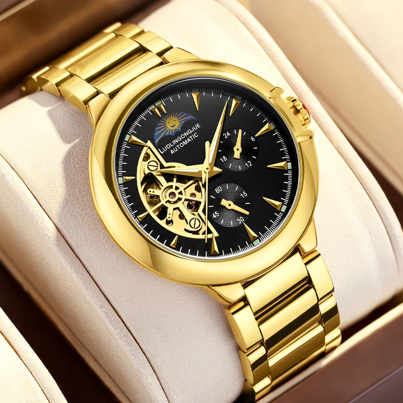 European and American Style High-End Luxury Men's Automatic Mechanical Watch - Double-Sided Skeleton Design, Half-Moon Skeleton Dial, Elegant Retro Style, Suitable for Business and Casual Wear - Business Accessory, Exquisite Craftsmanship, Perfect Gift Without Batteries