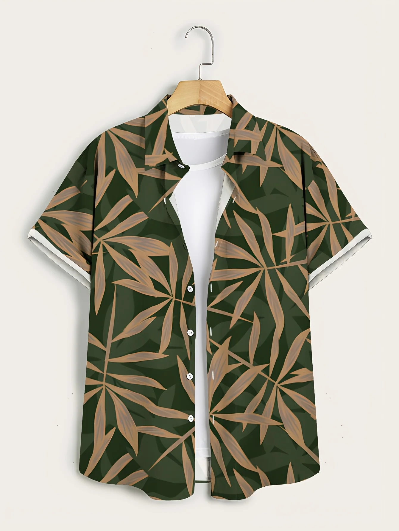 Men Short Sleeve Button Down Shirt Green Tropical Leaf Print Polyester Lapel Collar Hawaiian Casual