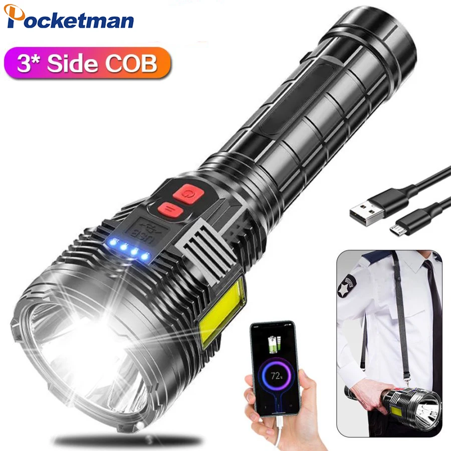 Powerful G5+3*COB LED Flashlight Aluminum Alloy 6 Modes USB Rechargeable Flashlights Tactical Patrol Torch with Shoulder Strap