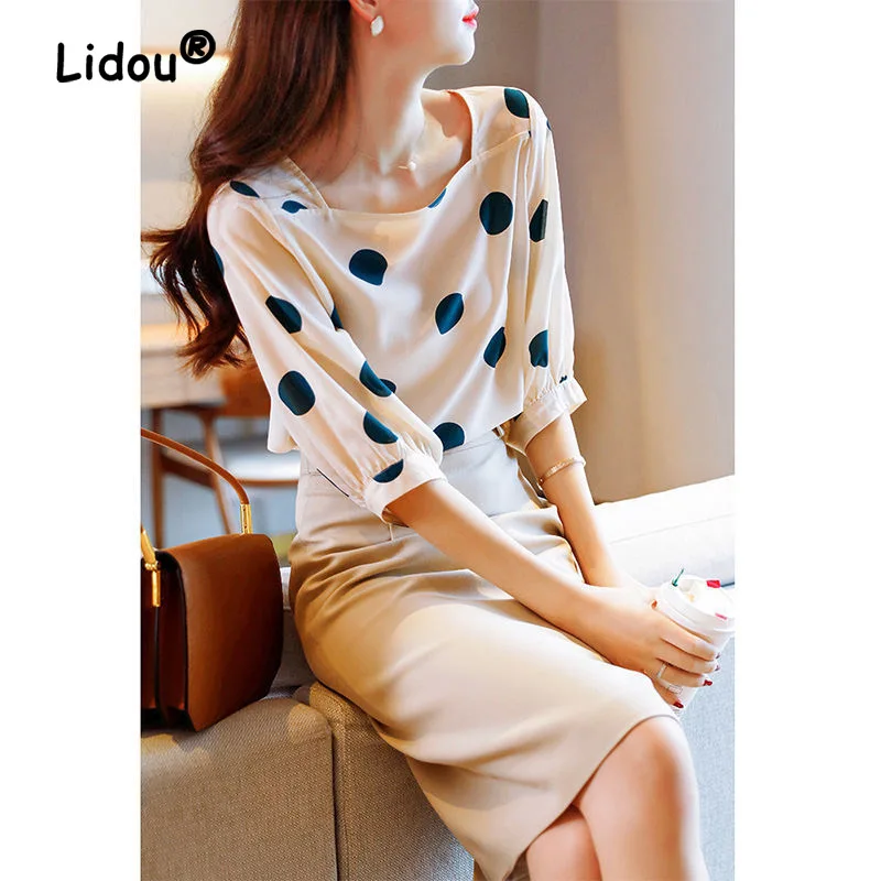 Fashion Polka Dot Elegant Blouse Women New Classic Half Sleeve Slash Neck Lady All-match Chiffon Pullover Comfortable Shirt