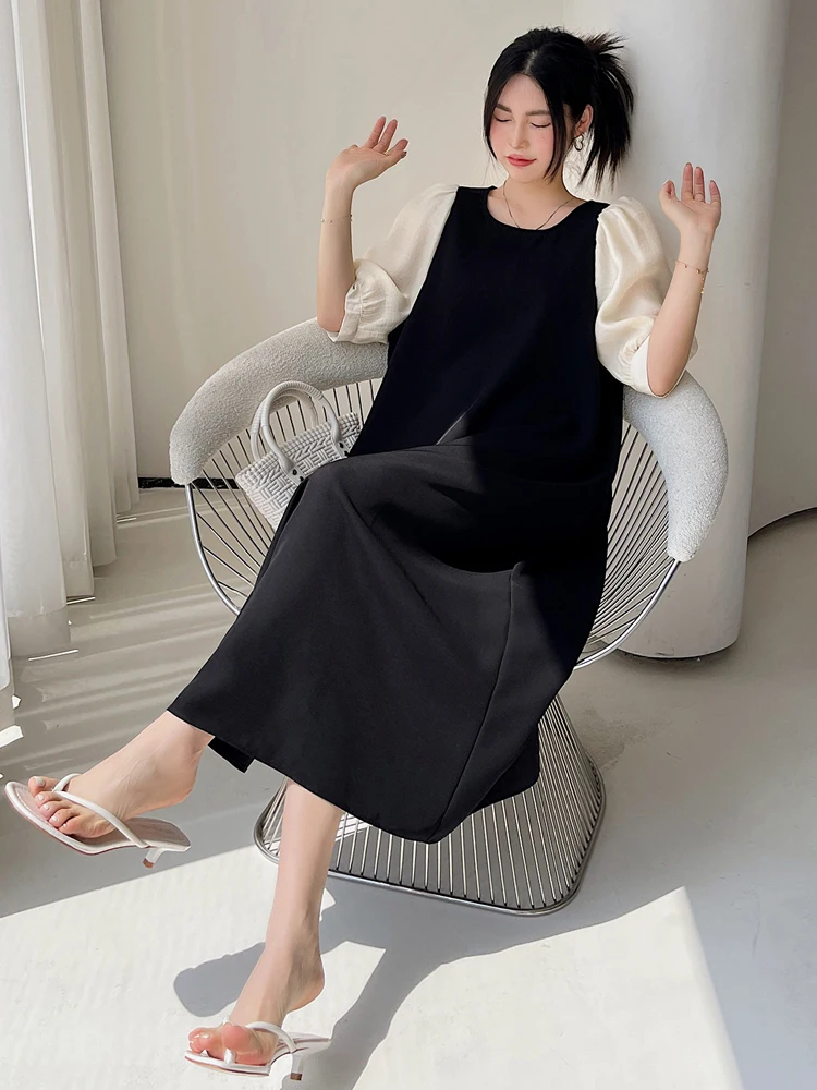 NYFS 2025 صيف جديد فضفاض حجم كبير فستان امرأة Vestidos رداء Elbise وهمية قطعتين المرقعة كم الدهون ملم فستان طويل #5