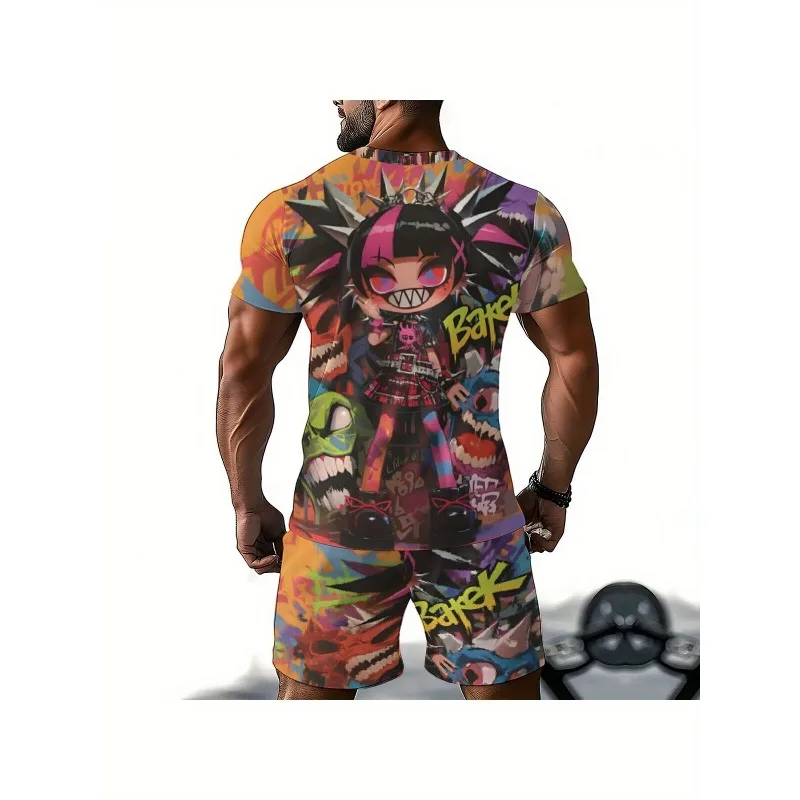 2025 Fashion and Comfortable 3D Short Sleeve Fun Printed Polyester Round Neck T-shirt Shorts Street Leisure Activity Sports Set