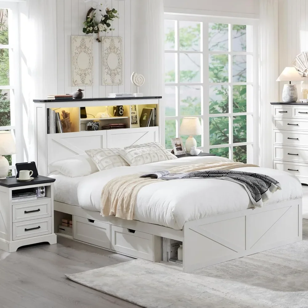 

Noiseless Base Beds and Frames No Box Spring Needed- Luxury White Bedroom Furniture LED Light Bed Headboard Charging Station