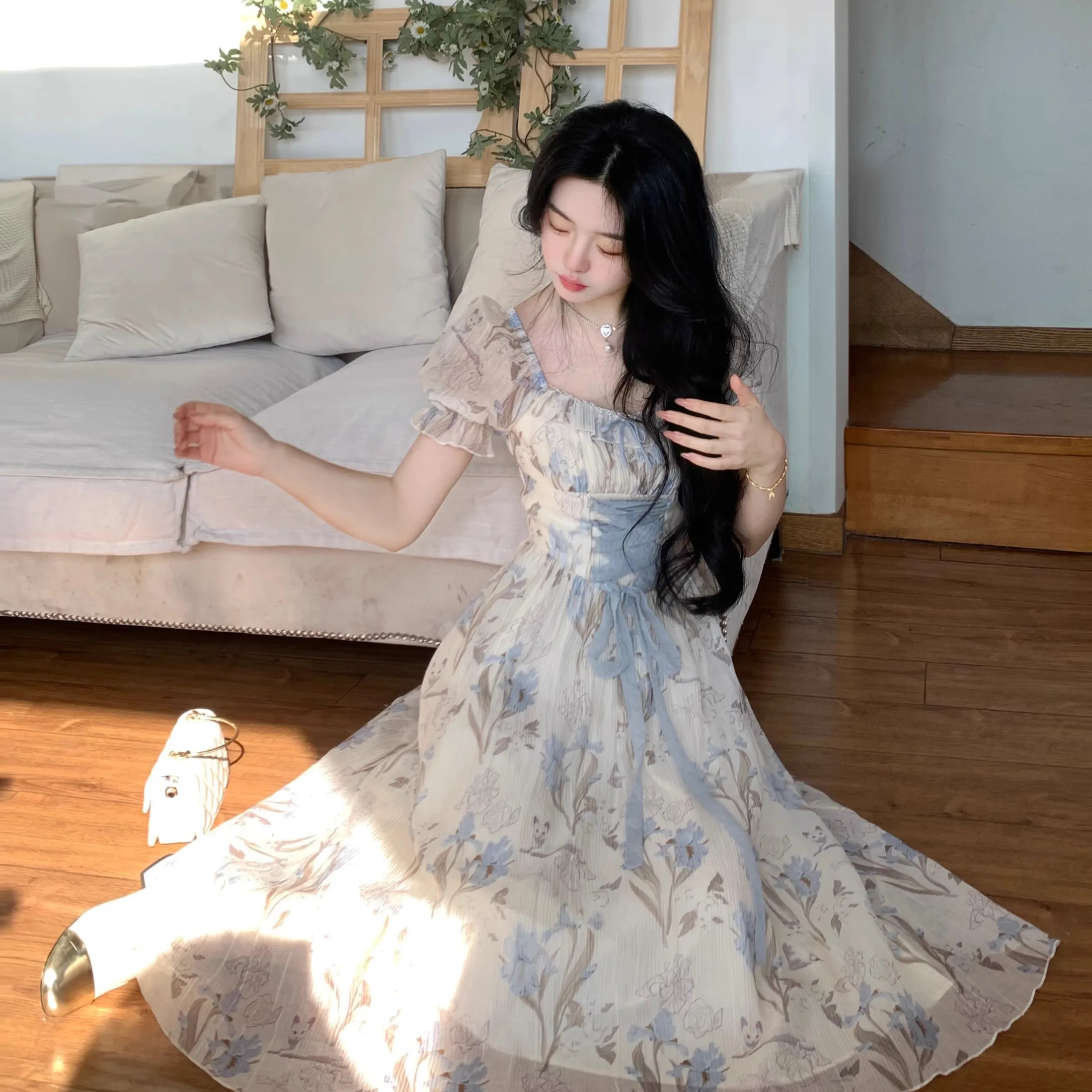fairy dress korea Women Print French Elegant Fairy Dress Female Korean Fashion Party Mini Dress