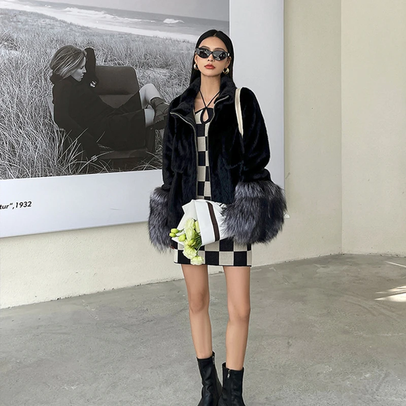 เสื้อโค้ทขนมิงค์กำมะหยี่สีม่วงมาตรฐานนำเข้าฤดูหนาว Ftangaiur สำหรับผู้หญิง ปกจีน ขนฟ็อกซ์ถอดได้ ขนมิงค์แท้ธรรมชาติ