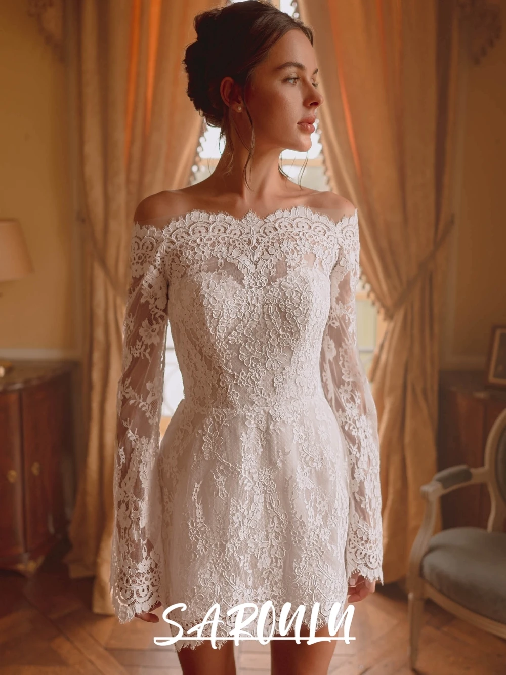 

Fantasy Lace After Party Off the Shoulder Mini Wedding Dress Graceful Modern Fashionable Buttons Back Customized Bridal Gown