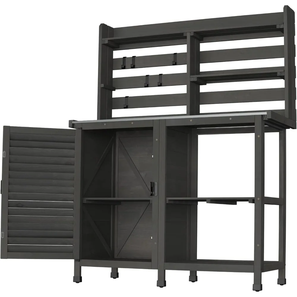 Potting Bench Table Large Garden Outdoor Work Bench Metal Tabletop Workstation with Storage Cabinet Shelf Dark Grey