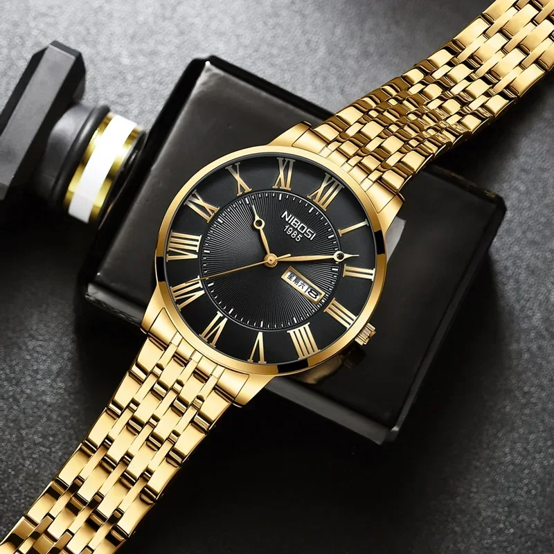 NIBOSI Fashion Simple Men Watch Slim Steel Week Date Waterproof Gold Watch For Men Quartz Business Watch Clock Relogio Masculino