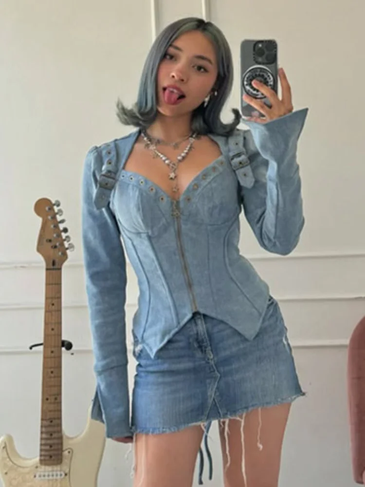 2026 Summer Y2K Sexy Corset Fitted Denim Long Sleeve Top V Neck  Irregular Pointed Hem Split Cuff Flare Blouse Women Chic Coats