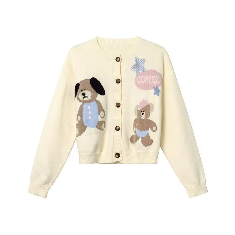 Gaganight Women Sweet Little Bear O neck Jacquard Sweater Knitted Cardigan 2024 Women's Autumn Winter New Loose Versatile Top image 4