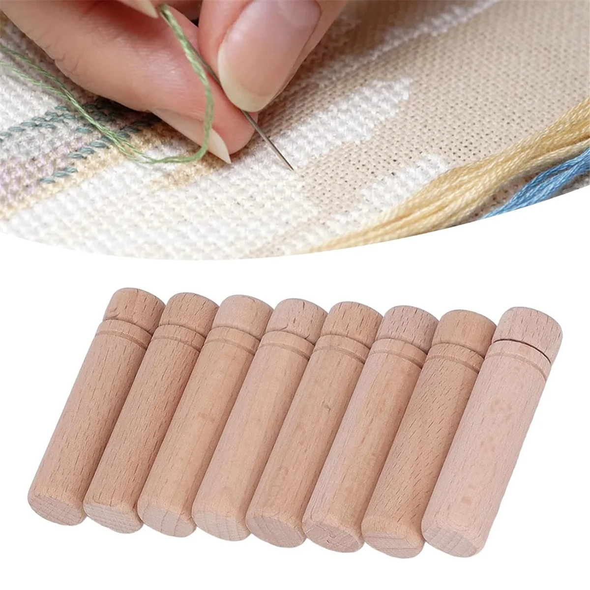 8Pcs Wooden Needle Case, Portable Sewing Needle Holders with 3 Stickers for Sewing Supplies Storage