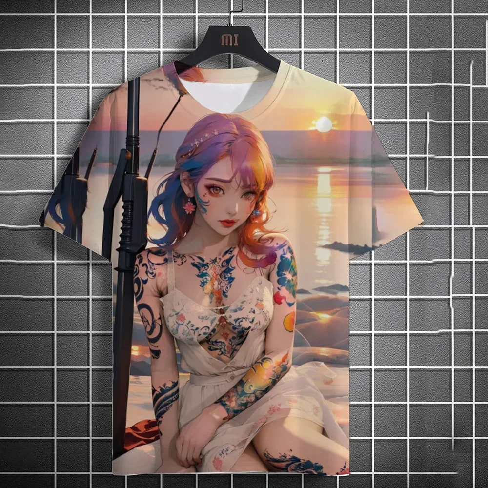 Herren-T-Shirt, 3D-Druck, Anime-Motiv, sexy, bedrucktes T-Shirt, lässiges, lockeres T-Shirt mit kurzen Ärmeln, Herren-Hauskleidung, Oberteil. – Detail 2