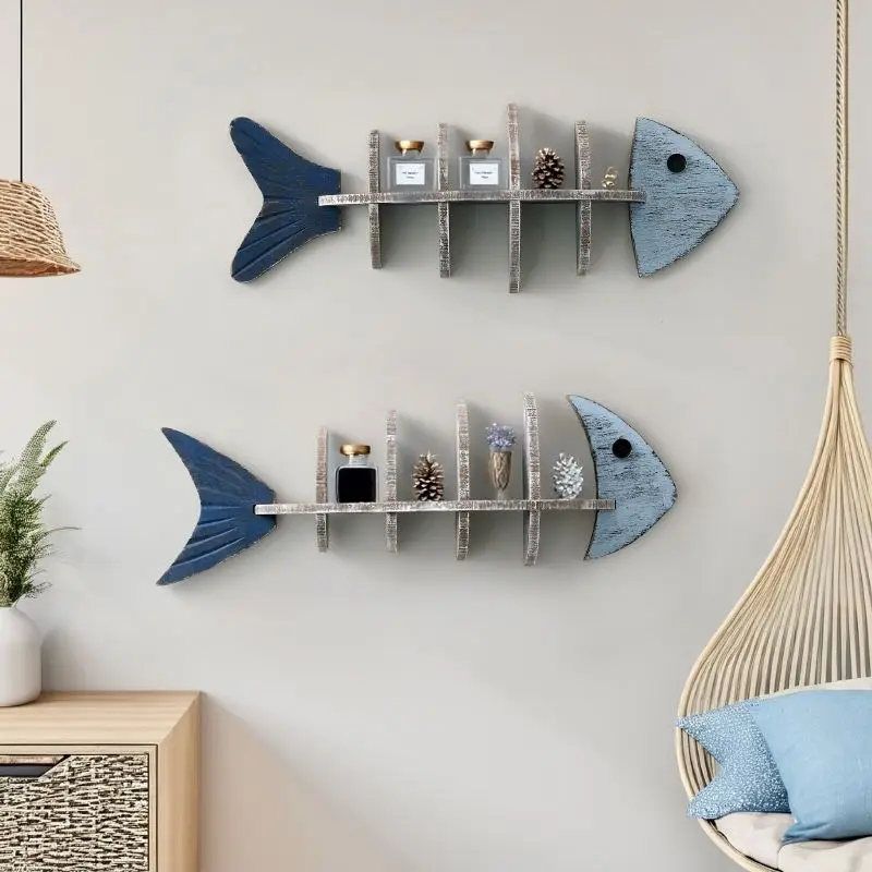 Year-Round Prosperity Fish Decor Wooden Shelf Fish Skeleton Wall-Mounted Partition Home Wall Ornament