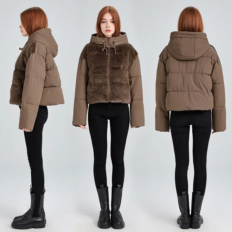 

Coffee-colored Short Petite Hooded Down Cotton-padded Jacket Winter New Style Fashion Warm with Bread Jacket and Thick Coat