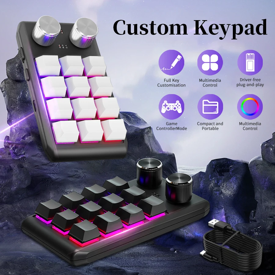 

12 Keys 2 Knob RGB Programming Macro Gaming Knob Keypads Mini Custom Programming Keyboard USB Mechanical Keyboard for Photoshop