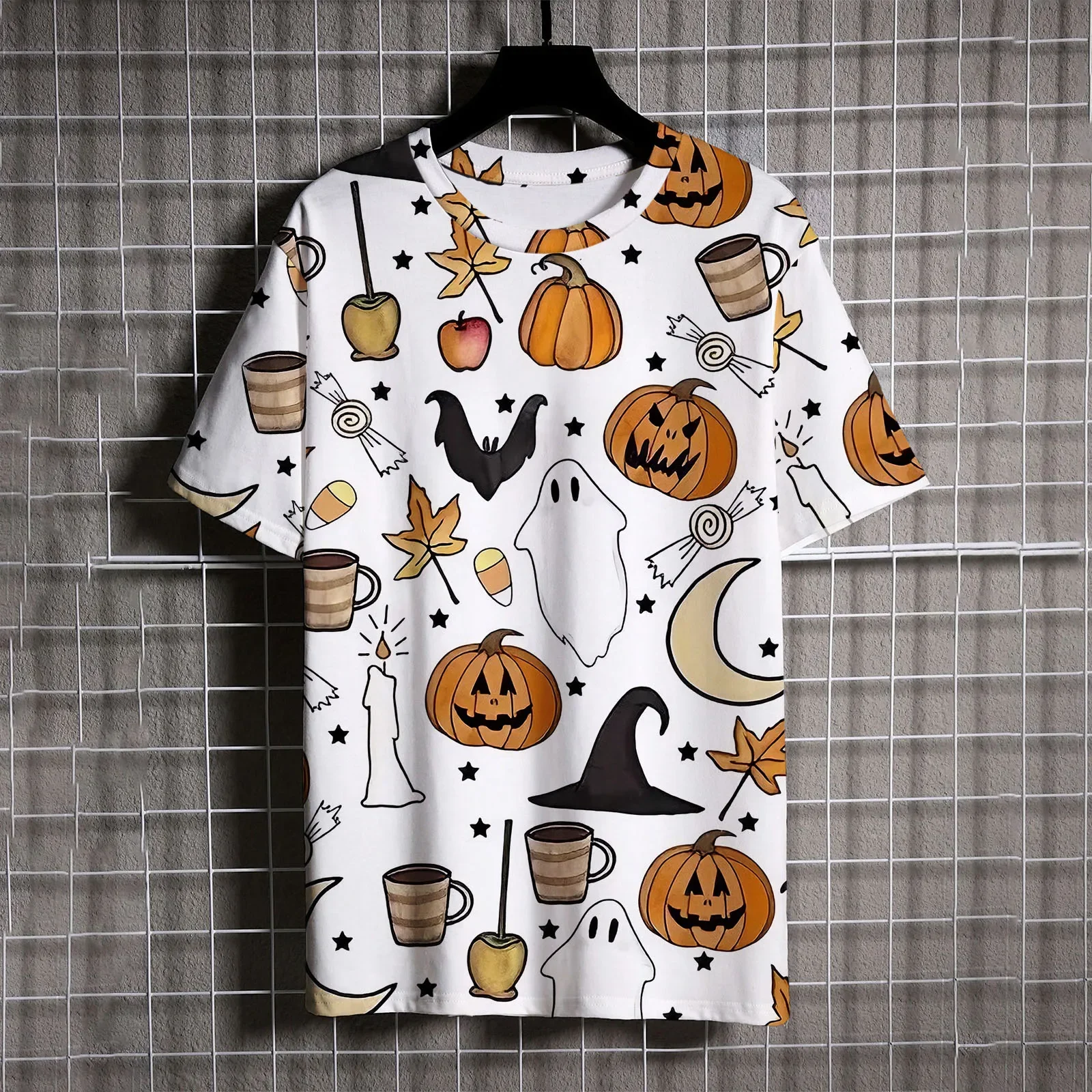 Casual Men's Short Sleeve T-shirt Funny 3D Bat Pumpkin Print Halloween Tees Fashion Crew Neck Loose Top Hip Hop Cosplay Clothing