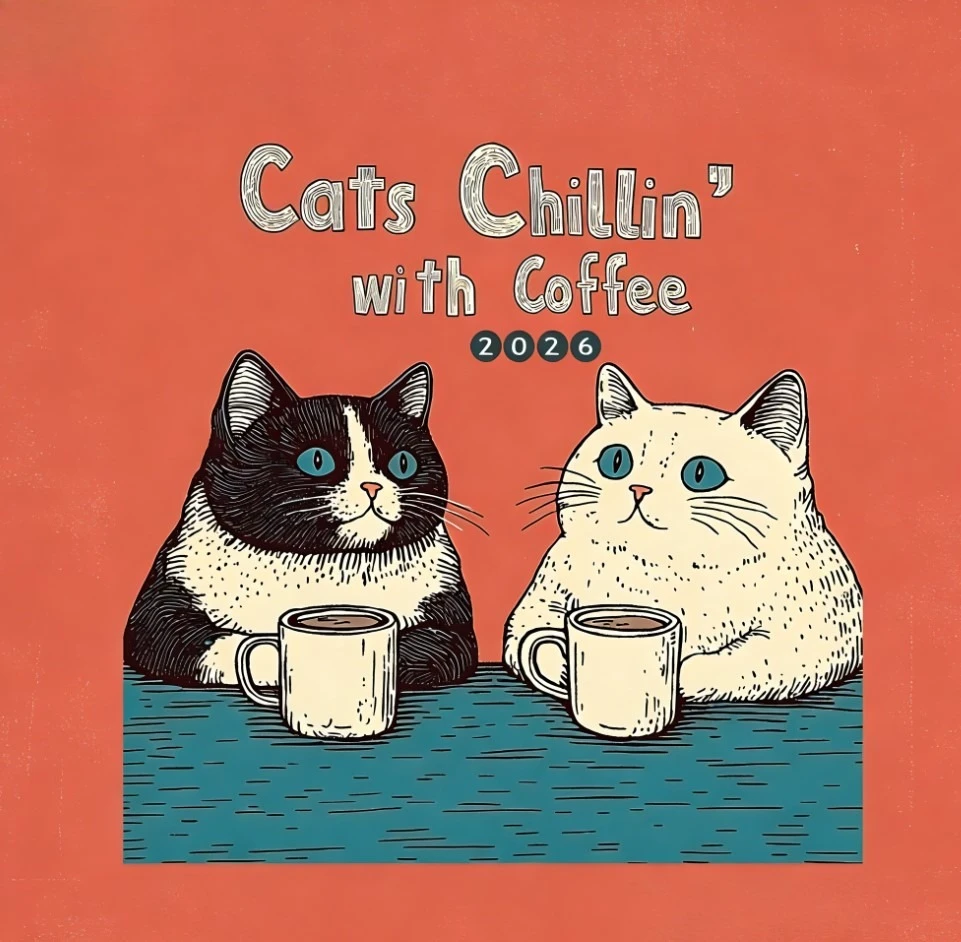 

2026 “Cats Chillin‘ with Coffee” Wall Calendar - Relaxing Cat Art, Monthly Planner & Fun Office Desk Decor