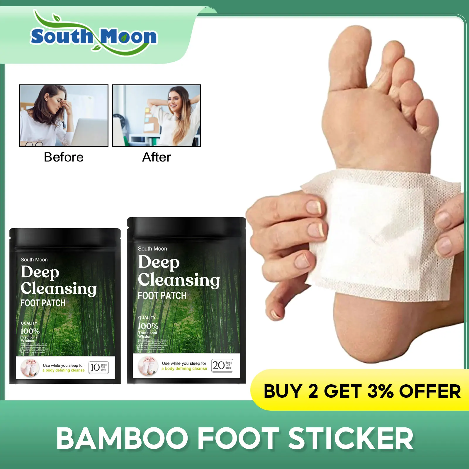 

Bamboo Foot Patch Natural Herbal Feet Body Toxins Detoxification Cleansing Help Sleep Health Care Relieve Stress Adhersive Pad