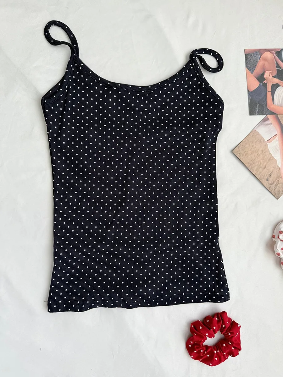 Navy Dot Ribbed Shorts Sets Women Summer Casual Sleeveless Crop Tank Top+Shorts Sweet Cute Home Cozy Slim Two-piece Set - view 3