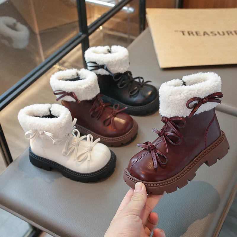 

Girl's Shoes Children's Short Boots 2025 New Winter Fleece-lined Little Girl Leather Warming Cotton Boots