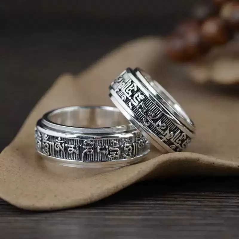 حقيقي 925 فضة خمر خواتم للرجال تدوير التبتية ست كلمات تعويذة خواتم Om ماني بادمي هوم البوذية مجوهرات #2