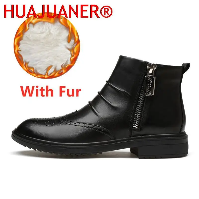 

Vintage New Men Casual Shoes Autumn Winter Plush Warm Men's Boots Genuine Leather Side Zipper Brogue Shoes Luxury Chelsea Boots