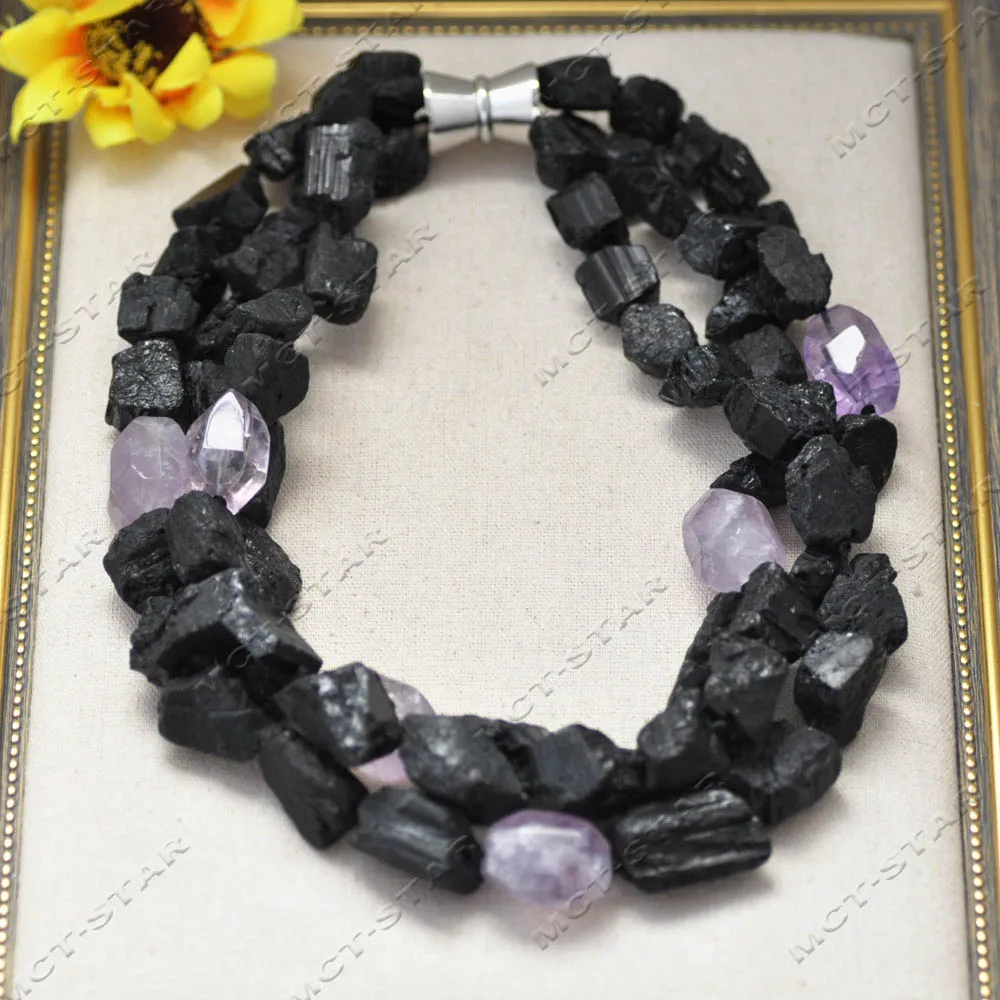 

Z14534 Трехрядное ожерелье из черного барочного турмалина и необработанного аметиста, 18 дюймов, 25 мм, с магнитом