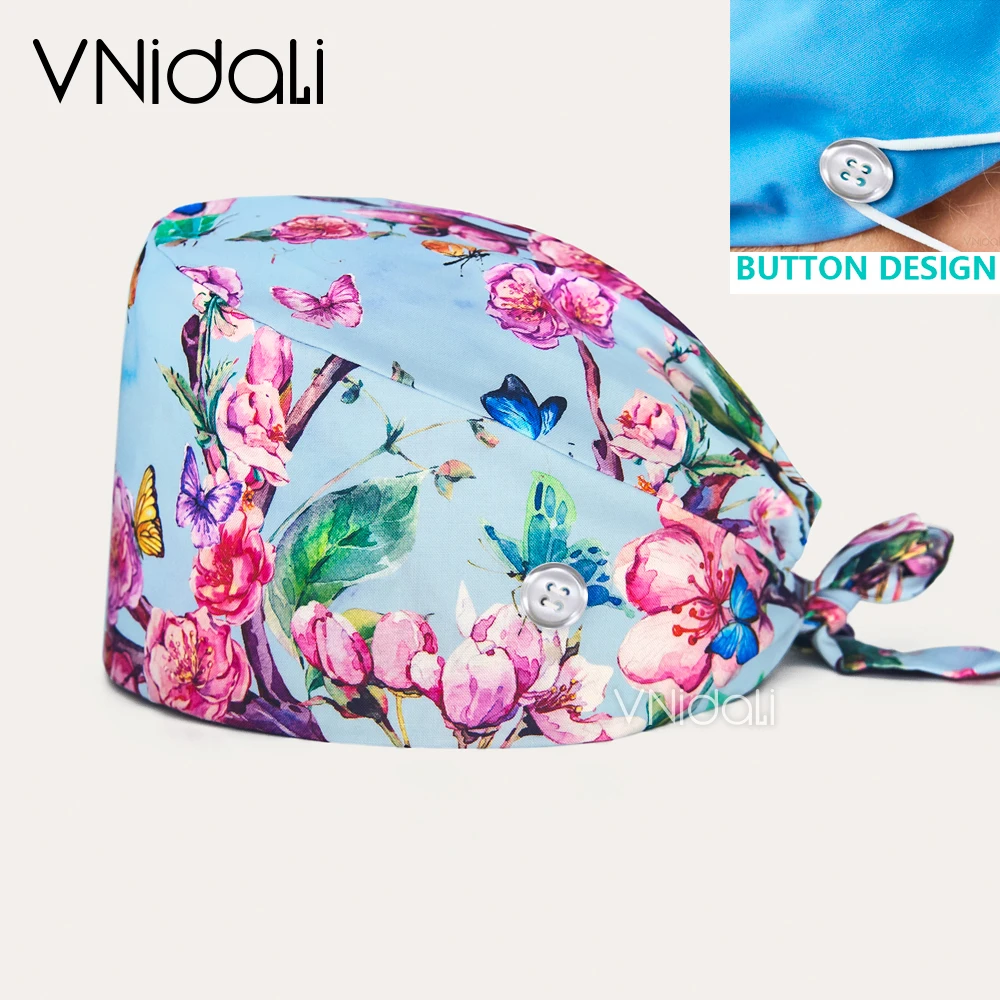 Gorro de trabajo médico con estampado de flores para mujer, gorro para médicos, gorro de enfermera, pelo largo, elástico, accesorios para enfermeras